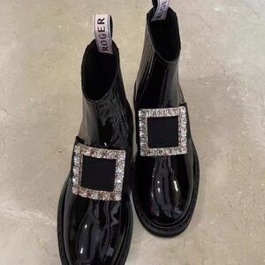 Roger Vivier Black Patent Ankle Boots with Crystal Embellishment